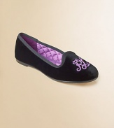 Stylish ballet flats in plush velvet features a contrasting embroidered script monogram at the toe.Slip-onVelvet upperQuilted liningLeather soleImported