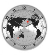 Time traveler. A red secondhand jets around the globe on this metal wall clock, featuring an aluminum dial and sound-free movement. From Opal Clocks.