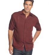 Raise your style quotient with this comfortable linen-blend embroidered shirt from Cubavera.
