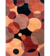 Abstract and absorbing, this rug features a multi-circle pattern in lavender, terra cotta, black, peach and burgundy. Reminiscent of modern art paintings, it adds striking modernity and grace to your home. Hand-tufted and hand-carved of plush wool.