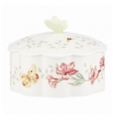 Spring is perpetually in season with the whimsical Butterfly Meadow trinket box from Lenox. Colorful blooms and butterflies on scalloped white porcelain lend country charm to any setting. Topped with a sculpted butterfly. Qualifies for Rebate