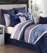 Modern style gets relaxed in shades of soothing blues and lavender. Featuring textured ruching and pieced, colorblock panels embellished with embroidery, the Verona comforter set takes casual comfort to a new level of sophistication. Also includes five decorative pillows and coordinating coverlet.