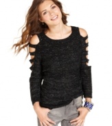 Metallic threading and sleeve cutouts bring loads of downtown style sensibility to this awesome sweater from Pretty Rebellious!
