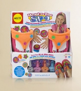 A complete pedicure and slipper decorating kit is the perfect addition to a slumber party. For her pedicure: 3 bottles of kid-friendly nail polish (.23fl oz), 2 toe separators, over 100 nail stickers and a nail file. Decorate a pair of slippers with precut felt shapes that slip on over buttons. Small slipper fits most kids ages 6-8; large fits most kids ages 8-10 Suitable for ages 6 and up Overall, 7½W X 12H X 2½D Imported