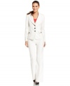 Nine West's pant suit is made striking with contrasting button closures and a subtle stripe pattern on its bright white fabric. Make it really pop by layering a colored cami underneath.