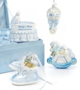 Commemorate Baby's first Christmas with this adorable Kurt Adler ornament set. Rattle, rocking horse, shoe and bassinet-shaped ornaments in pretty pastel hues are a special treat for new parents and babies alike. In a matching gift box.