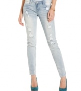 Beautiful disaster: a series of rips add gritty-cool style to Dollhouse's light wash skinny jeans!