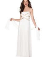 Crisscrossing gold-tone details at the bust of this Alex Evenings dress amplifies the elegance of its white hue. A sheer shawl adds even more drama!