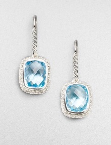 From the Noblesse Collection. A squared drop of faceted blue topaz, framed by sparkling diamonds, hangs from a cable of sterling silver. Diamonds, 0.42 tcw Blue topaz Sterling silver Drop, about ½ Ear wire Imported
