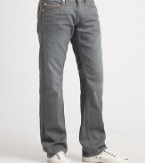 A low-rise classic is cut with straight legs and a comfortable fit in pigment-dyed grey denim. Five-pocket styleStitched back pocketsInseam, about 34CottonMachine washMade in USA