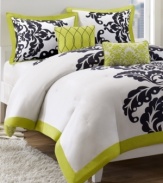 A classic black and white palette is accented with bright pops of lime green in this Mallorie comforter set. Features a bold flourish design for a contemporary look. Two decorative pillows complete the set perfectly.