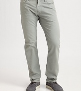 All time favorite slim straight silhouette in a lightly washed cotton twill.Five-pocket styleZip flyInseam, about 34CottonMachine washMade in USA