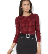 A cheery plaid pattern accentuates Lauren Ralph Lauren's cozy long-sleeved petite cotton tee, perfect for layering in cooler weather.