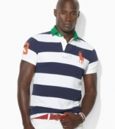 Sporty staple meets preppy must-have in this relaxed-fitting rugby, constructed from soft cotton mesh with a contrasting twill rugby collar, wide stripes, an applied 3 at the sleeve and Ralph Lauren's Big Pony.