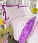 The right stripes! The Violet sheet set features fresh pink and purple stripes upon a crisp white ground, making this set the perfect understated complement to the bold peony and tie-dye print upon the comforter.