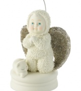 Say a little prayer. A precious Snowbaby with piercing blue eyes and rosy cheeks sits with a sleeping feline in this figurine, a sweet gift for yourself or someone special. From Department 56.