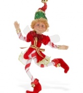 Sweeter than candy, the Peppermint Pixie figurine inspires all kinds of holiday fun in red-and-white striped pans with a sparkling hat and jingle-bell boots by Mark Roberts. Flexible arms and legs mean he can strike any pose.