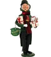 Byers' Choice makes even Ebenezer Scrooge look merry with this handcrafted figurine. The fabled Dickens character is dressed in his holiday finest and carrying an armful of elegantly wrapped gifts.