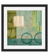 Earthy greens and cool blues blend in the Aquamarine I art print by Brent Nelson. Streaky squares of all sizes are punctuated by bold circles for modern appeal. A basic black frame and clean white mat quiet the vivid, enchanting hues.