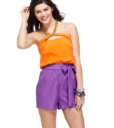 Be a bright light in this romper from Rampage that features chic, colorblocked style and a halter neck that's off the chain!