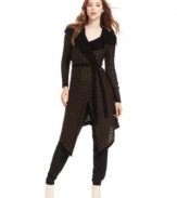 An allover metallic knit adds high-shine to this long RACHEL Rachel Roy cardigan-- perfect for a hot layered look!