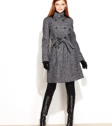 Gorgeously nubby tweed combined with a flared, feminine silhouette equal a can't miss coat, from Calvin Klein. A unique knit tab collar rounds out the look.