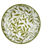 Silhouetted vines unfurl from a band of green on this softly frosted crystal platter, bringing a fresh hint of the outdoors to your table. Its simple round shape is etched for fresh earthy allure. Qualifies for Rebate