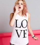 Glittery letters girlify a graphic tank top you're sure to LOVE. From Material Girl.