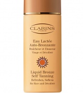 Liquid Bronze Self Tanning for Face and Decollete is as refreshing as water and gentle as milk. 4.2 oz.  · A fast, mistake-proof way to achieve a natural-looking tan  · Dries instantly with a perfectly matte finish  · Irresistible jasmine and violet fragrance  · Results within 2 hours 