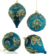 Fancy feathers. A sweet butterfly masquerades as a regal peacock in these beautiful ornaments to add an artistic touch to your tree.