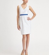 Textural woven cotton, studded with sweet polka dots and defined by grosgrain ribbon at the waist.V necklineSleevelessGrosgrain waistbandFront skirt pleatsConcealed back zipFully linedAbout 22½ from natural waist81% cotton/13% nylon/6% polyesterDry cleanImported of Italian fabricModel shown is 5'10½ (179cm) wearing US size 4. 