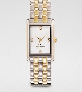 A classic timepiece in a high-contrast, two-tone design. Quartz movementWater resistant to 3 ATMRectangular silvertone case, 32mm (1.25) X 36mm (0.8)Smooth bezelMother-of-pearl dialNumeric hour markersSecond hand Two-tone link braceletImported