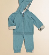 A precious set for baby crafted from the finest blend of cashmere and cotton with classic check lining for comfy, cozy style. Hoodie Attached hoodLong raglan sleeves with check-lined cuffsFull-zip frontSplit kangaroo pockets Pants Elastic waistband50% cashmere/50% cottonDry cleanImported