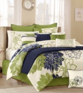 A pattern of oversized dahlias make a bold statement in this Lola comforter set, featuring a bright green and navy palette and complementary quilted accents for relaxing texture. Five distinctive decorative pillows offer added style for a completely contemporary look.