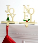 Hang Christmas stockings in the spirit of the season with goldtone metal Joy and Noel hooks for the mantel. With colorful tree or holly detail. (Clearance)