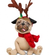 Even animals go wild for Christmas, like this cozy pug featuring a velvety red scarf, antlers and the unmistakable whimsy of Annalee.