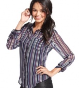 Gotta have it! Sheer chiffon fabric lends trend-licious style to this colorfully striped, button-down top from BCX.