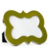 Punctuate a room with the bright enamel coloring and symbol-inspired shape of Curve Bracket picture frames from Jonathan Adler. With velvet backing.