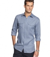 Seamlessly simple. This linen shirt from Calvin Klein is a lightweight addition to your summer style that makes looking good easy.