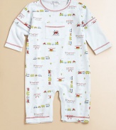 Cheery little freight trains chug and puff their way across soft pima cotton knit to keep your little guy comfy as he follows his own track.Solid color polo collar Contrast stitching Long sleeves Patch chest pocket with locomotive embroidery Front snaps Snap legs Cotton Machine wash Imported Please note: Number of snaps may vary depending on size ordered. 