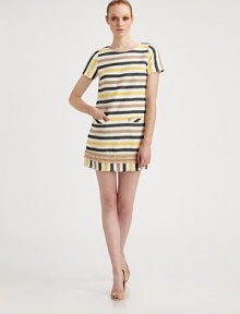 Sporty stripes and bands of eyelash fringe dress up this simple shift.Jewel necklineShort sleevesWelt pocketsFrayed trimRaw-edged hemlineFully linedBack zipAbout 16 from natural waist49% cotton/26% polyester/13% rayon/8% nylon/4% cuproDry cleanImportedModel shown is 5'11 (180cm) wearing US size Small. Sporty stripes and bands of eyelash fringe dress up this simple shift.Jewel necklineShort sleevesWelt pocketsFrayed trimRaw-edged hemlineFully linedBack zipAbout 16 from natural waist49% cotton/26% polyester/13% rayon/8% nylon/4% cuproDry cleanImportedModel shown is 5'11 (180cm) wearing US size Small.