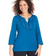 Ruffle up your casual look with Karen Scott's three-quarter-sleeve plus size henley top!