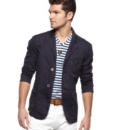 Tradition takes a backseat to this modern upgrade on the classic blazer from Armani Jeans.