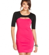 Amp up your dress collection with this hot bodycon number from BCX! Coloroblocking, short sleeves and a sultry cutout at the chest give this dress serious edge.