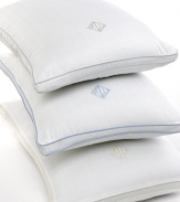 Sumptuous style now made for resting your head. The Lawton pillow from Lauren by Ralph Lauren is filled with lush down alternative for supreme, firm comfort. A contrasting satin-bound edging and an embroidered signature crest both heighten this rich design.