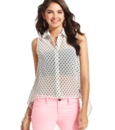 Ali & Kris gives the classic button-down top a summer-ready facelift, designing this style with sheer, printed chiffon and a hem that dips way low!