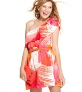Wow the masses with your fun, tropical style in a belted, one-shoulder dress from Sequin Hearts that boasts major ruffle appeal!