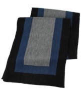 Color blocking that borders on greatness. A soft woven muffler from Tallia edged in thick bands of color.