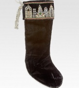 A hand-embroidered New York skyline decorates the cuff of this velvet stocking with textured rope edging, from renowned designer Sudha Pennathur. HandcraftedVelvet with bead embroidery and rayon cord21L; 7½ top openingDry cleanImported