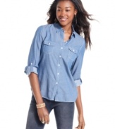 For a casual look that's totally polished, don this chambray top from Confess! Features subtle topstitching and cool roll-tab sleeves.